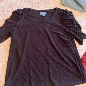 CeCe Black Eyelet Blouse with Ruched Sleeves